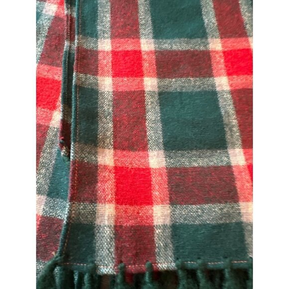 Green Red Wool Plaid Long Fringe Scarf Wrap - Picture 2 of 4